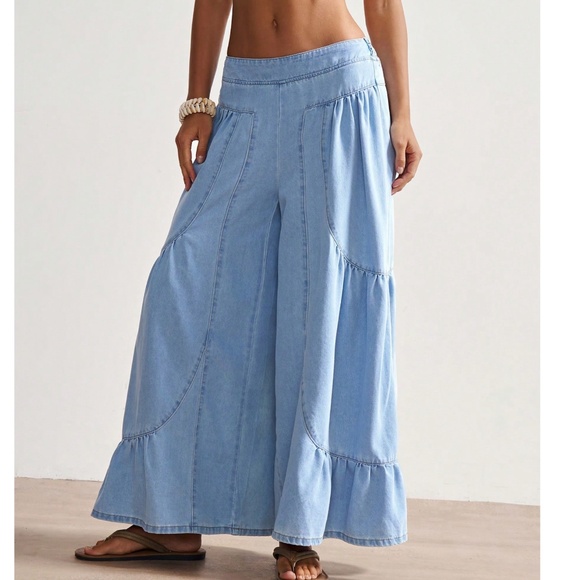 Light Wash Solid Wide leg Stretchy Waist Denim Jeans Pants - Picture 6 of 7